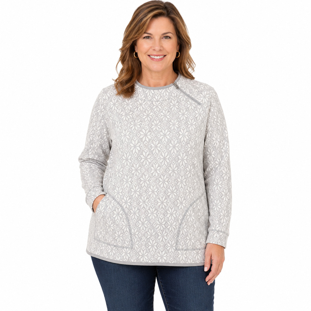 T by Talbots Gray White Long Sleeve Sweatshirt Pullover Pockets Print sz L